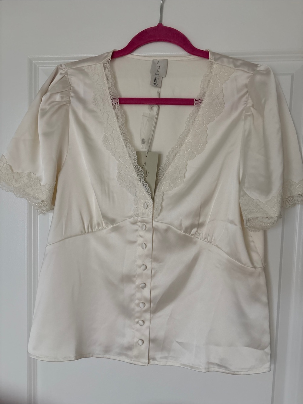 JOIE sz L NWT  Satin Lace-Trim Cream Button Front Blouse short sleeve v-neck
